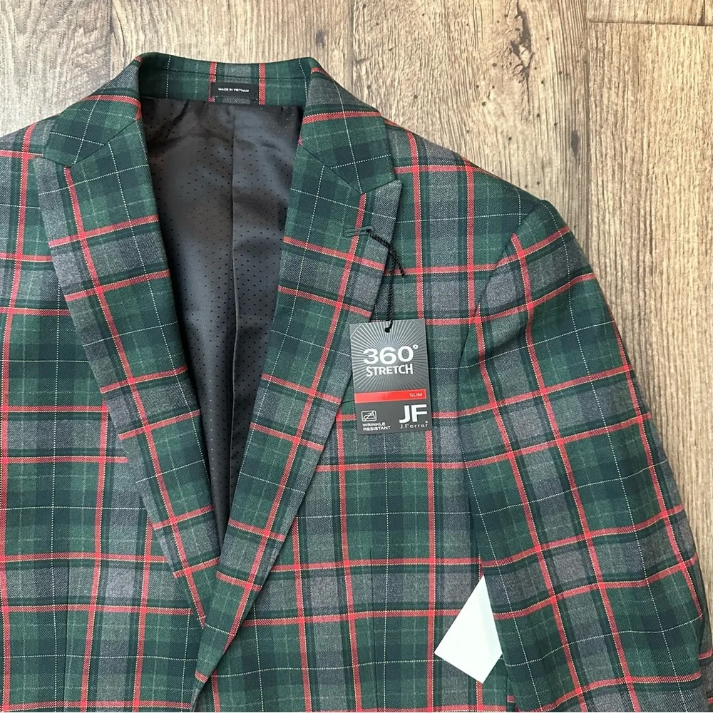 JF J Ferrar Sports Coat Slim Suit Jacket Mens S 34/36 Short Plaid Red Green